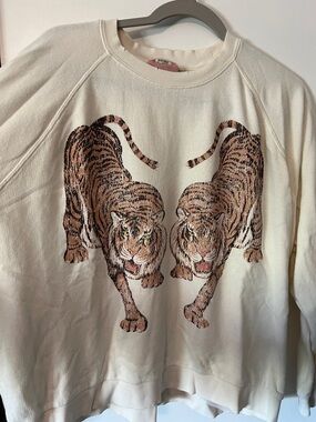 Show Me Your MuMu Cream Crewneck Sweater with Tiger Graphic